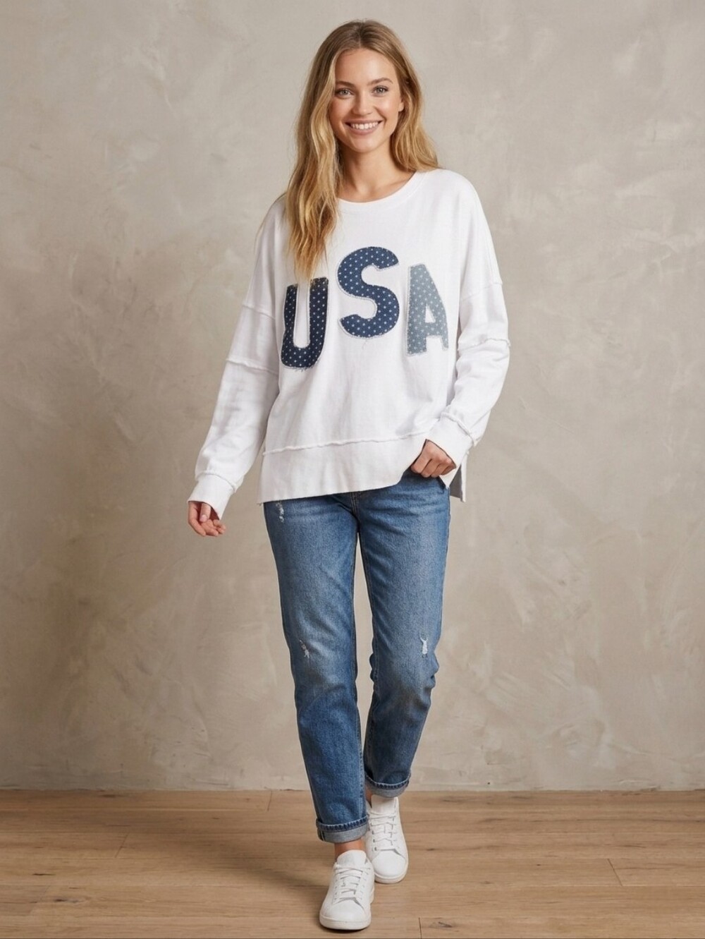 🤍👖⭐️NWOT ODDY "Shades of Denim👖 w/⭐️Print USA Pullover" White🤍 Sz 2XL/3XL